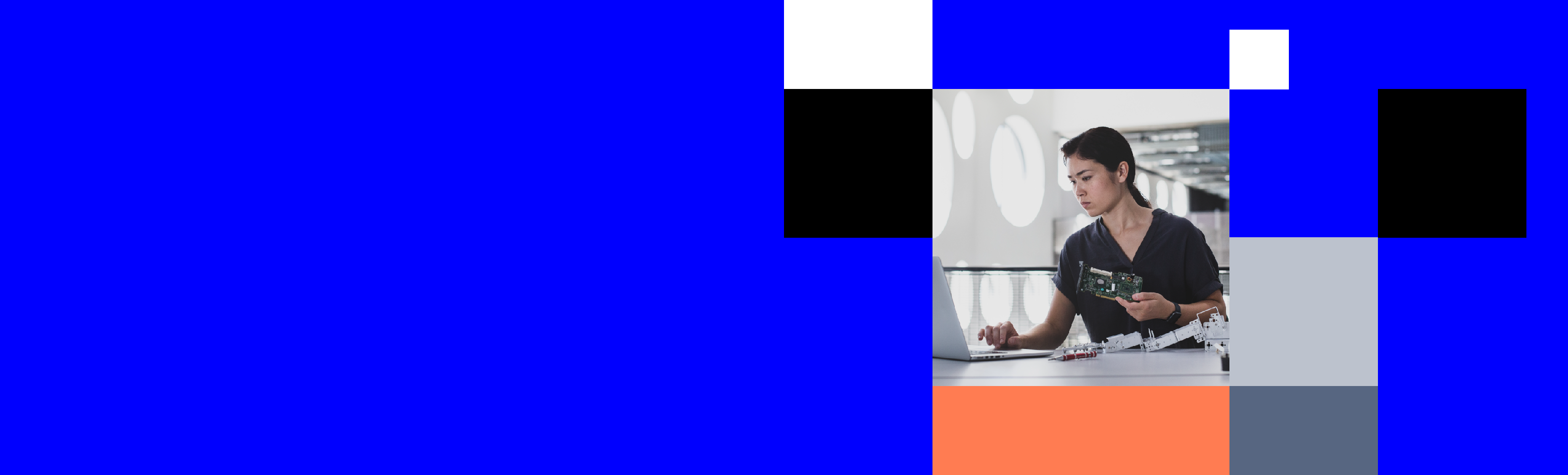 Woman working on a laptop with a circuit board in her hand